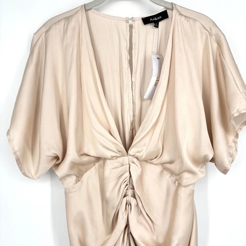 NWT Aakaa Satin Ruched‎ Midi Dress Sheath V Neck Champagne Beige Lined Draped L - Picture 9 of 14